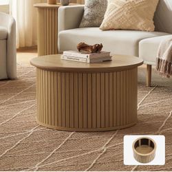 mopio Quin Round Coffee Table with Storage, Drum Accent Coffee Table, Mid Century Modern Wood Coffee