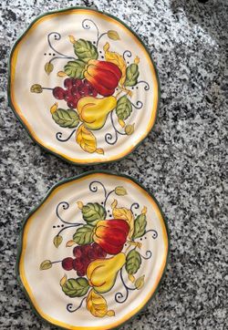 Pair Fruit Harvest Ceramic Fruit Dinner Plates Apple Pear Grapes 11”