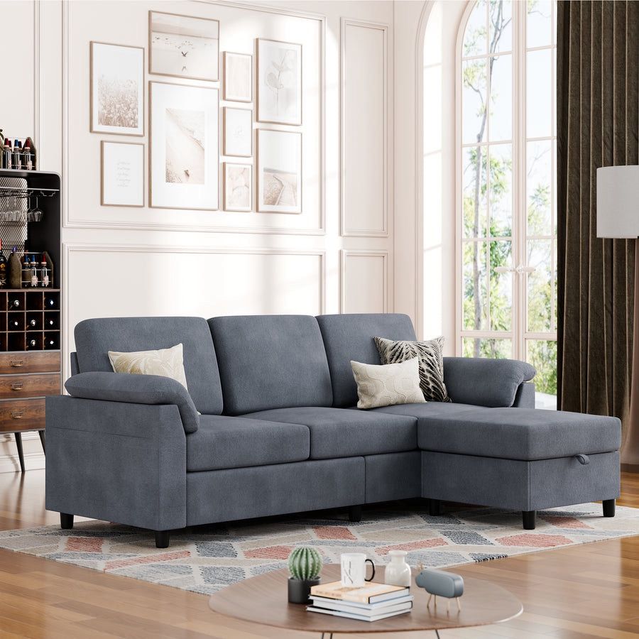 New Mid Century 79" Convertible Sectional Sofa, 3 Seater L Shaped Couch with Removable Linen Fabric Pillows, Mid Century Small Sofa for Living Room, A