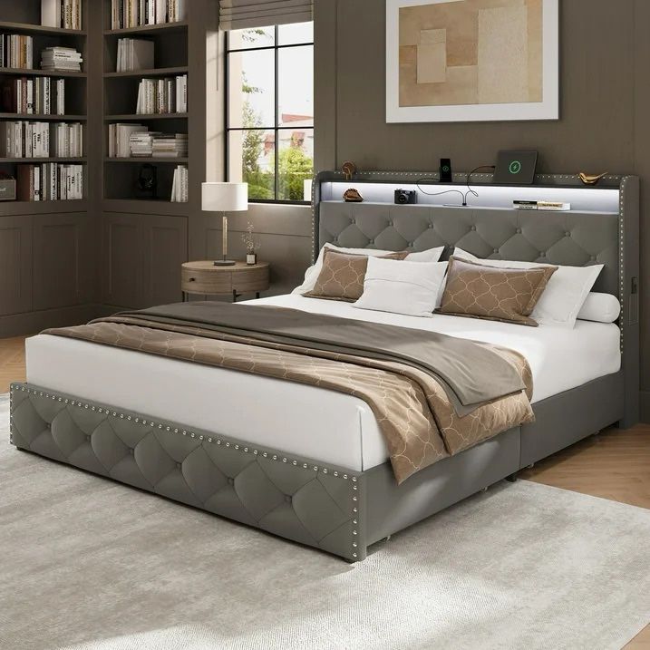 Queen LED Bed Frame with Storage Headboard and USB Charging Station, Velvet Upholstered Platform Bed Frame with 4 Drawers, Tufted Beds with Heavy Duty