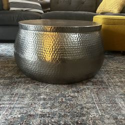 World market Round Silver Coffee Table; Hammered Metal