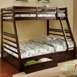 Brand New Espresso Twin Over Full Bunk Bed w Trundle Drawers 
