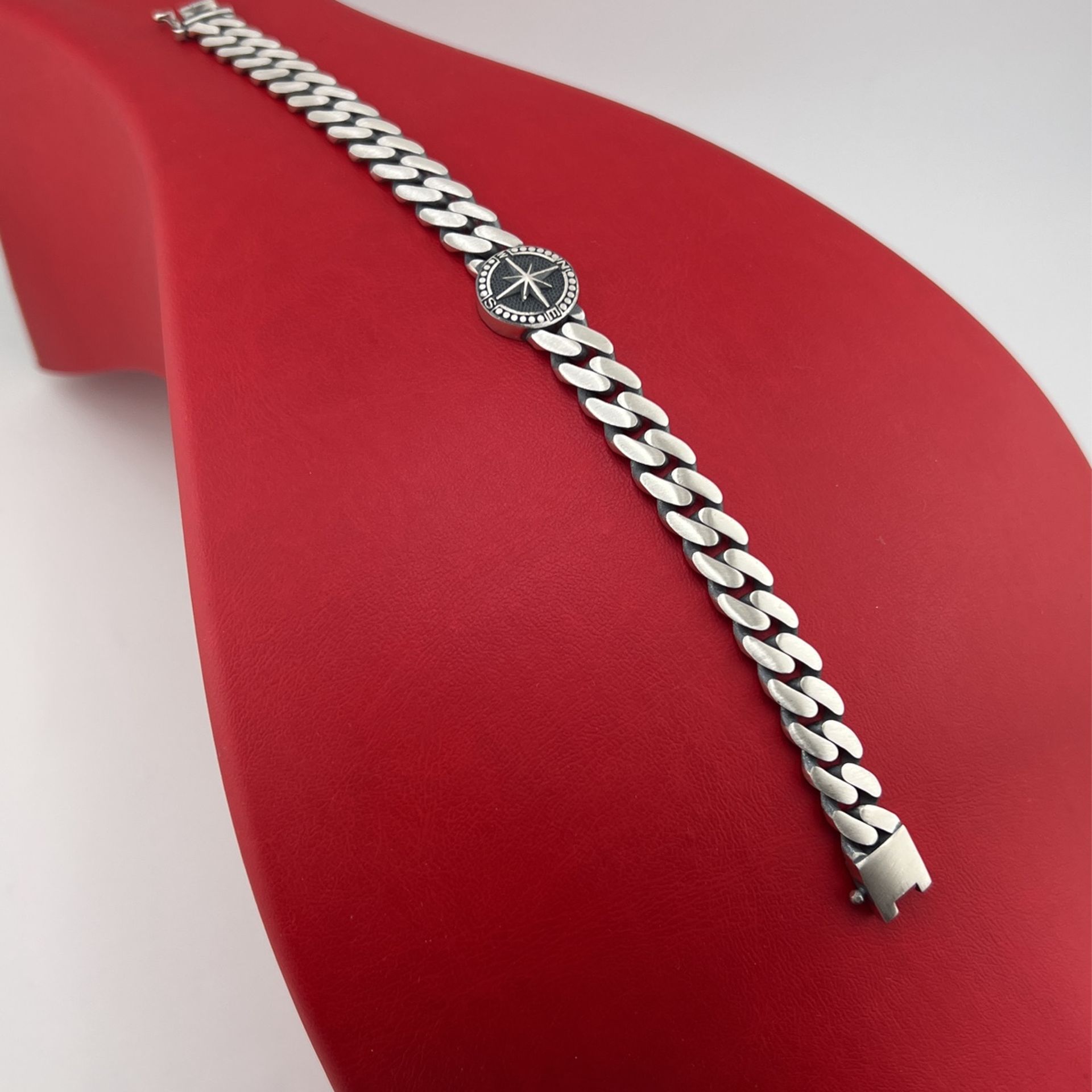 New 925 Sterling Silver Bracelet Compass Gunmetal Finish Bracelet Miami Cuban