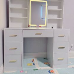 47'' Large Vanity Desk with Mirror and Lights, 7 Drawers, 8 Storage Shelves Vanity Table, Big Makeup Vanity Desk with 3 LED Lighting Modes, Vanity Dre