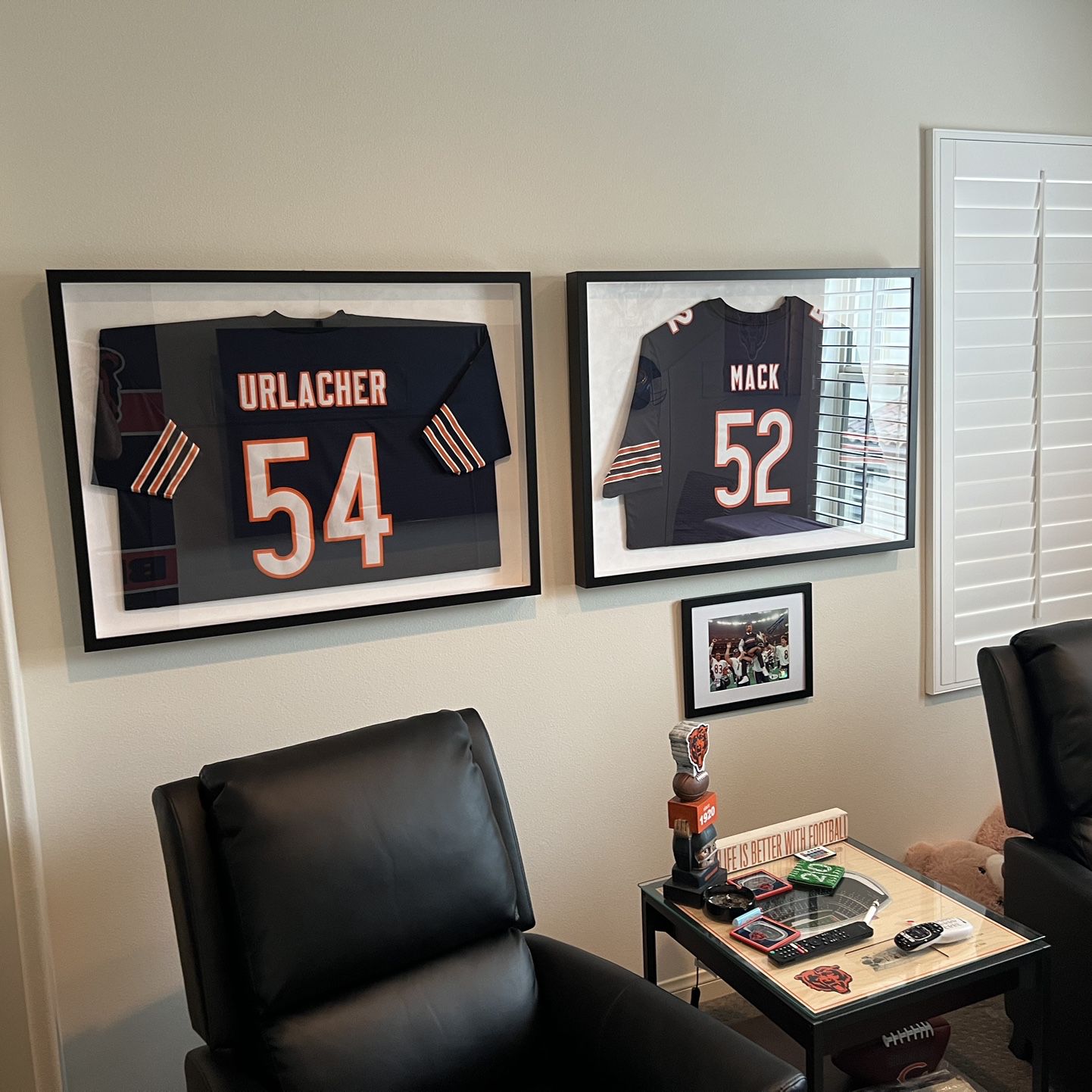 2 Framed Chicago Bears Jerseys, Brian Urlacher and Khalil Mack. Also, Soldier Field Light Up Table 