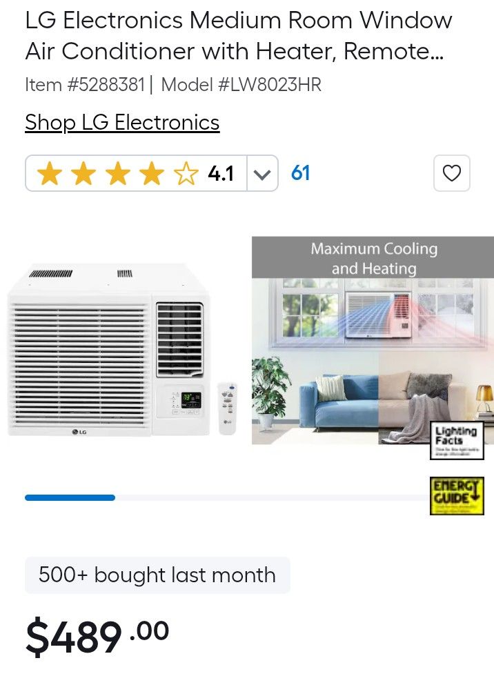 LG Electronics Medium Room Window Air Conditioner With Heater 7600 BTU