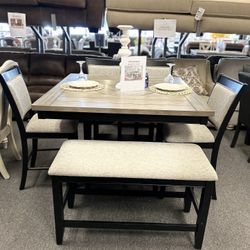 6pcs Dining Set ((table, 4 chairs, & Bench))