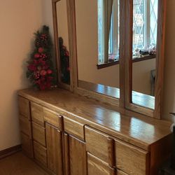 Free Brown Wooden 7 Drawer Dresser With Three Part Folding Mirror 