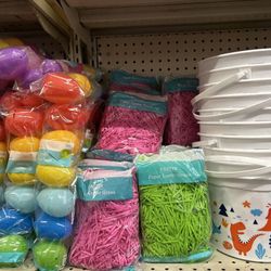 Easter Eggs, Baskets And Paper Grass