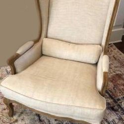 RESTORATION HARDWARE FRENCH LINEN WINGBACK CHAIR WITH LUMBAR PILLOW & OTTOMAN