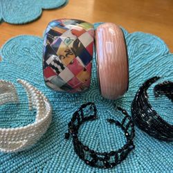 5 Bangle CUFF BRACELETS PINK EMAMEL& Abstract On Brass 3 Stretch Black Jet Seed Pearls 