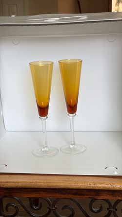 Toasting Fluted Amber Champaign 6 oz 10" Tall Set of 2 Wine Glass Vintage