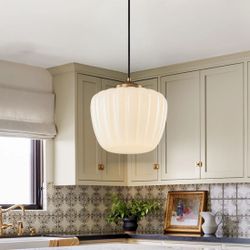 New 10.5”W  1-Light Matte Brass Pendant Chandelier Ribbed Milky Glass Shade Adjustable Dimmable