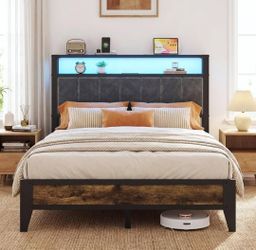 Full sized bedframe with charging station shelf and LED strip
