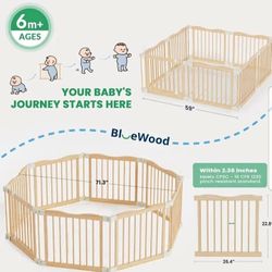 Foldable Wooden Playpen - Adjustable Wood Play Yard, With door. 8 panels