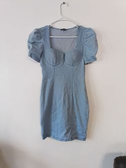 Iris Denim Fitted Light Blue Puff-Sleeve Mini Dress Sz. Small Women's