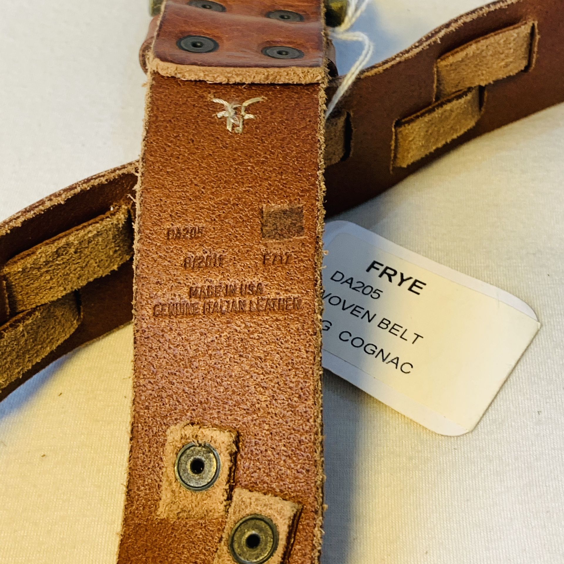 FRYE unisex woven belt cognac brass buckle, sizes 30, 32, 34 