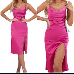 LYANER Women's Satin Drape Cowl Neck Sleeveless Strappy Cami Split Slit Party Midi