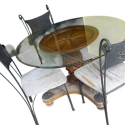 🍽️ Round Glass Dining Table + 3 Iron Chairs – Vintage Set