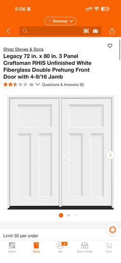 Steves & Sons Legacy 72 in. x 80 in. 3 Panel Craftsman RHIS Unfinished White Fiberglass Double Prehung Front Door with 4-9/16 Jamb