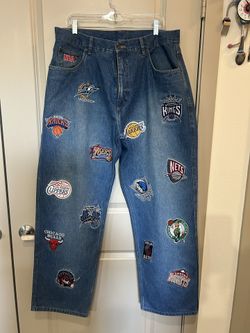 Vintage 2000s NBA Wide Leg Standard Fit Embroidered Logo Y2K Aesthetic Basketball Denim Jeans 36 Waist Mens