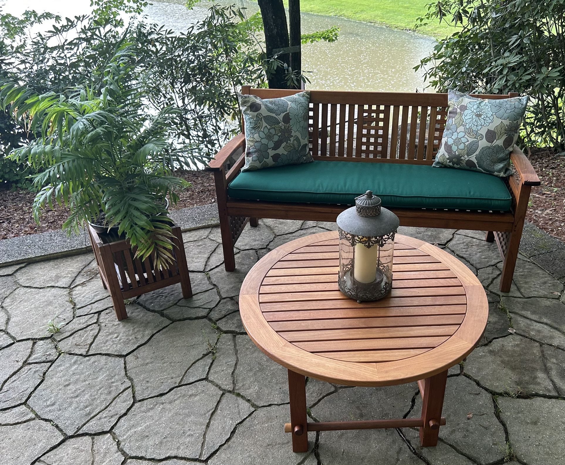 Like New, 3 Piece Teak Furniture Set With Cushions and Pillows