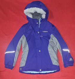 ZeroXposur Jacket for girls, featuring a purple waterproof outer shell with gray side panels, blue accents, and a faux-fur-lined hood. Size 14