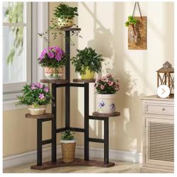Wellston 43.7 in. Rustic Brown Round Wood Corner Plant Stand Indoor, 6 Tier Plant Shelf Flower Stand Tall Potted Plant