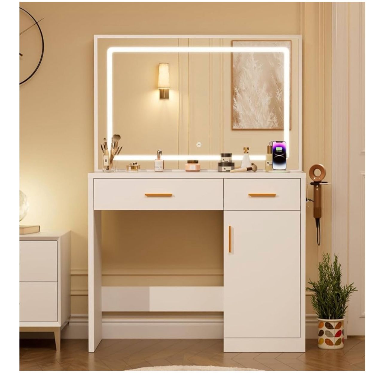Brand New In The Box- Vanity Desk with Mirror and Lights, Makeup Vanity Table with Power Outlets, 2 Storage Drawers & Large Cabinet, 3 Color Light Mod