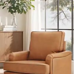 Mid-Century Genuine Leather Swivel Accent Chair Modern Armchair Barrel Chair