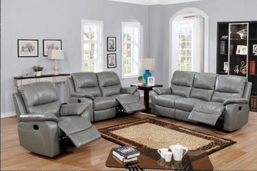 Grey top grain leather 3-PC recline sofa set