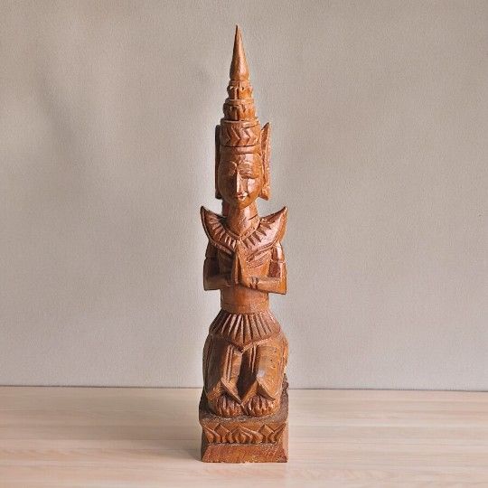 Vintage Hand Carved Wood Thai Angel Kneeling Praying Buddha 12" Tall