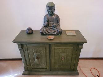 Vintage Jade Green Oriental China Cabinet w/assorted  Oriental theme items