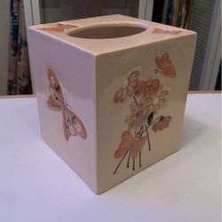 Vintage Ceramic Bathroom Vanity Kleenex Tissue Paper Cover Butterfly Daisy Yellow Orange 1980's