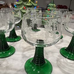 Green  Stemmed -6 Luminarc French -Grape Vine Etched Glasses