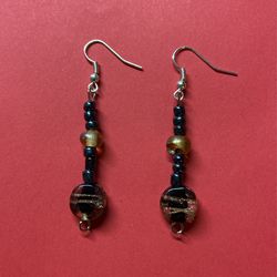 Earrings, Black-gold, Glass Beads, Stainless Steel 2.5”