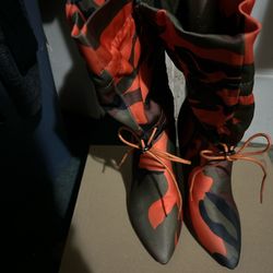 New Women's orange camouflage print pointed-toe stiletto high-heel boots, potentially a thigh-high or over-the-knee style with a drawstring top and zi