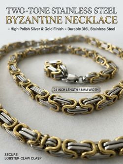 NEW 24” Two-Tone Gold & Silver Stainless Steel Byzantine Chain Necklace 8mm