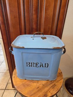 Vintage porcelain farmhouse bread box sky blue with lid