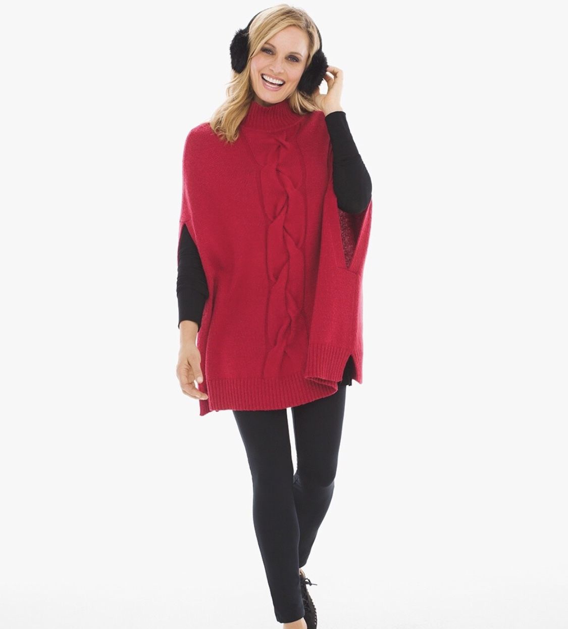 Chico’s Wendy Red Cable Knit Poncho