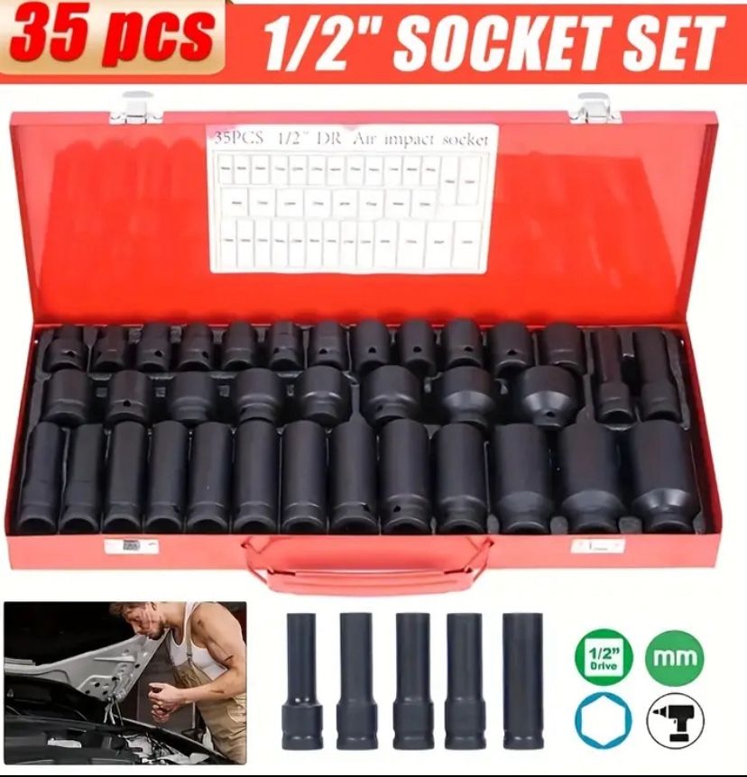 35pcs 1/2-inch Drive Deep Impact Socket Tool Set Metric Garage Shop Tool,