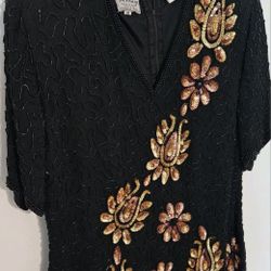 Vtg 100% Silk Sequin Size S-M Black with Flowers By Sténay Made In India V-Neck