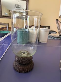 Vintage Pier 1 Glass Hurricane Candle Holder - Woven Base