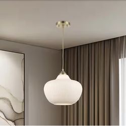 New 11.8” W 1-Light Gold Hanging Pendant Light White Ribbed Glass Dimmable Adjustable Chandelier