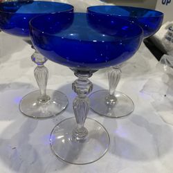 SET OF 3 VINTAGE COBALT BLUE COCKTAIL GLASSES 