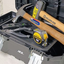 Toolbox And Tools 2 Hammers 1 Tape Measure 1 Pliers 1 Leveler Tool Chest