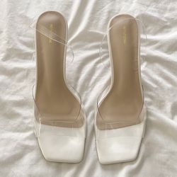 WHITE SQUARE TOE CLEAR STRAP HEELS