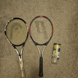 Men and women tennis rackets and balls