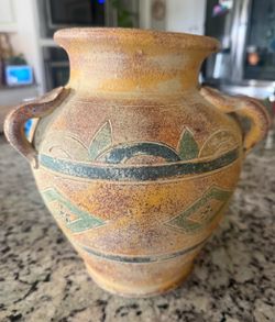 Vintage Terracotta Jug Vase with Handles and Geometric Decoration