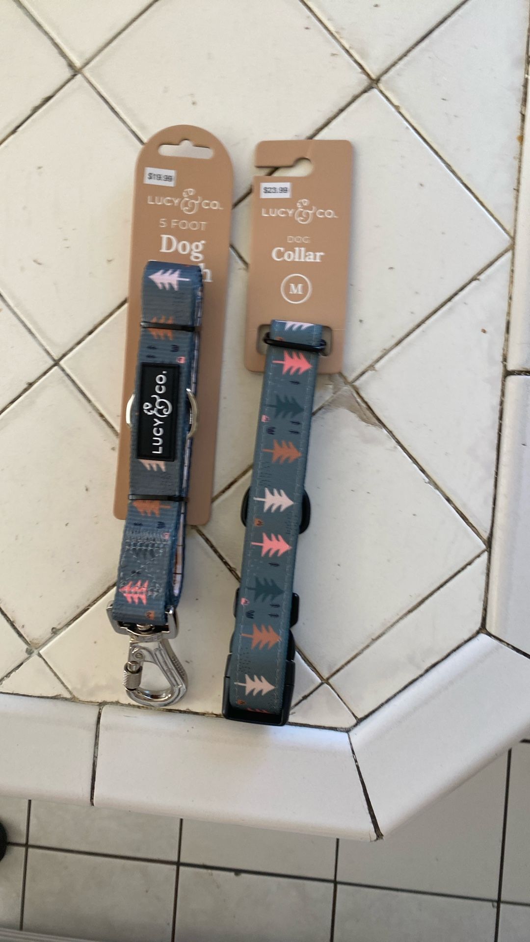 Dog Collar And 5 foot Leash Lucy And Co medium pine tree design